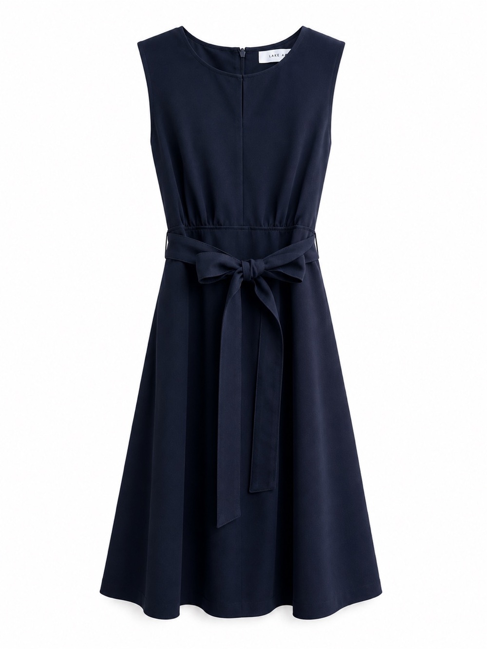 Lark & Ro Navy Fit Flare Dress Belted Sleeveless Midi Career Office Chic Preppy